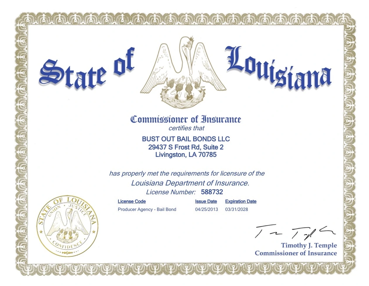 Bust Out Bail Bonds LLC license certificate